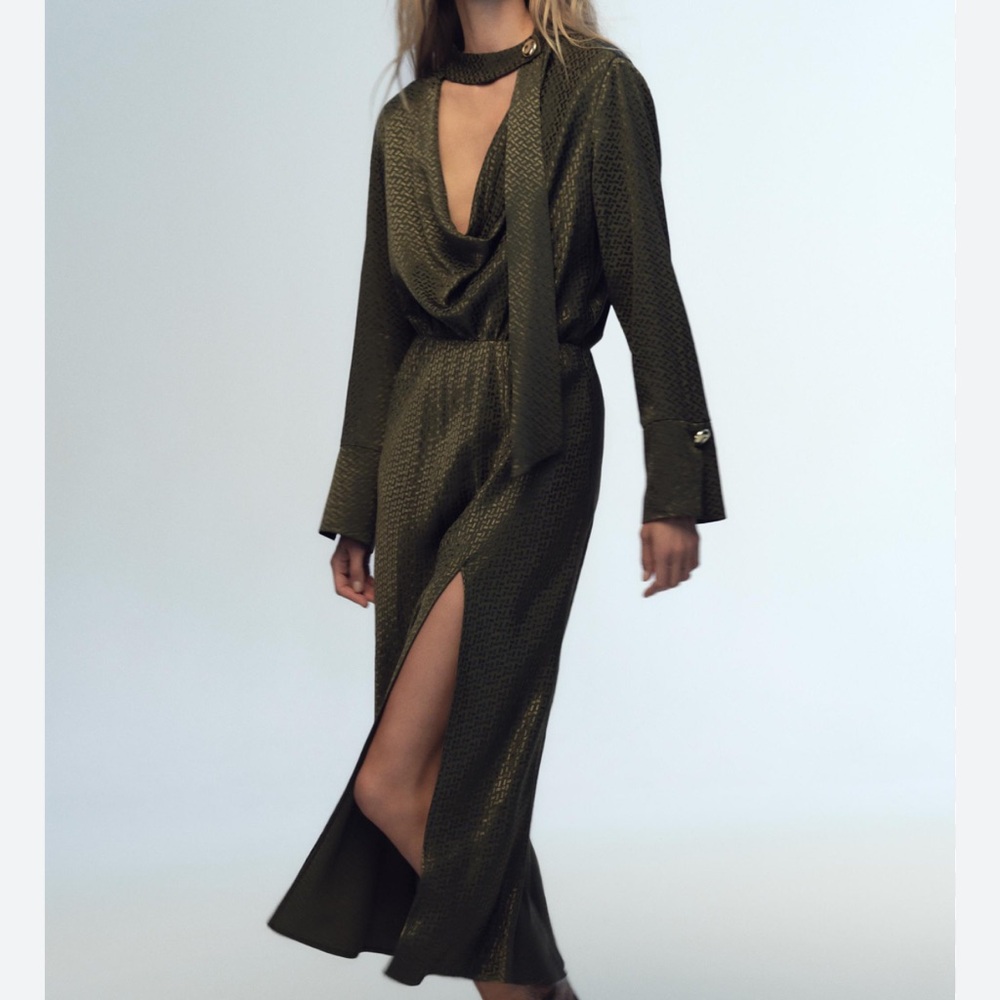 Zara Jacquard Green Midi Dress with Necktie